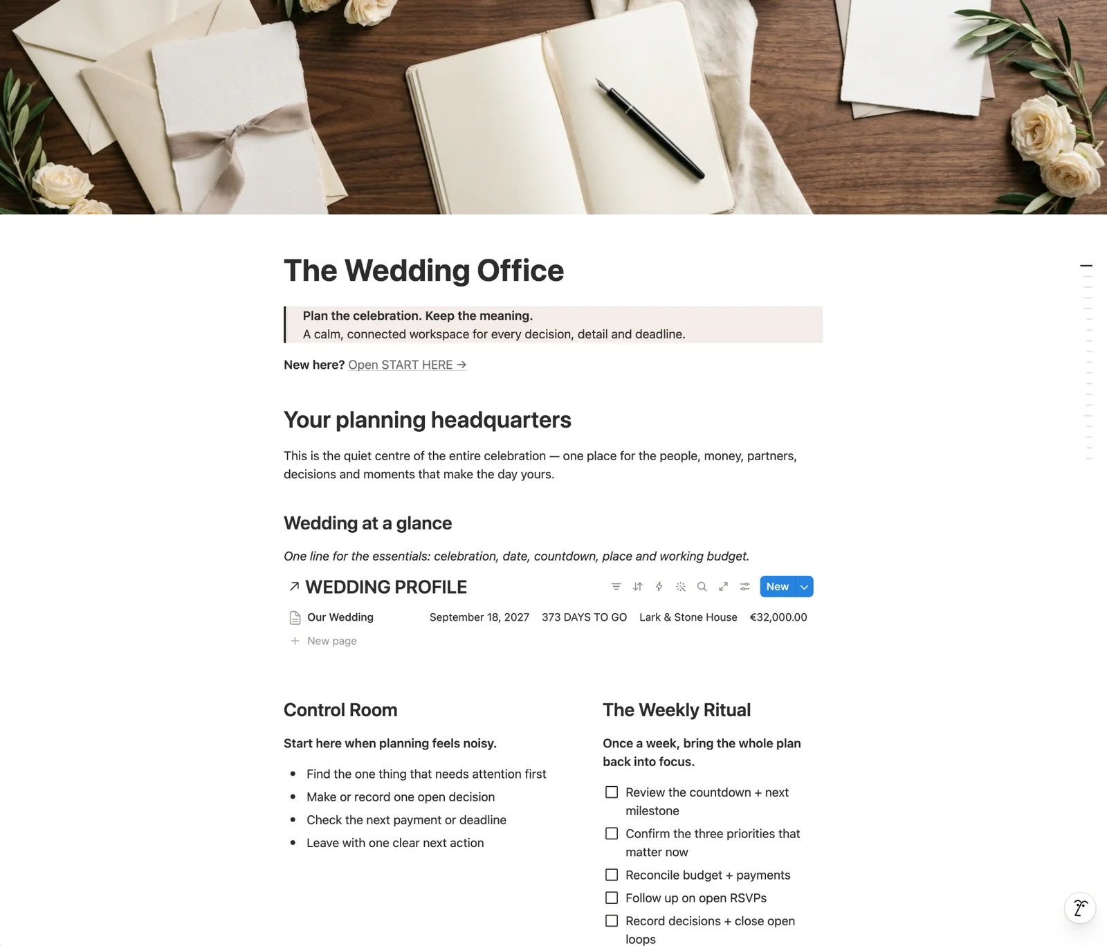 The Wedding Office in Notion showing its planning headquarters, wedding profile, control room and weekly ritual.