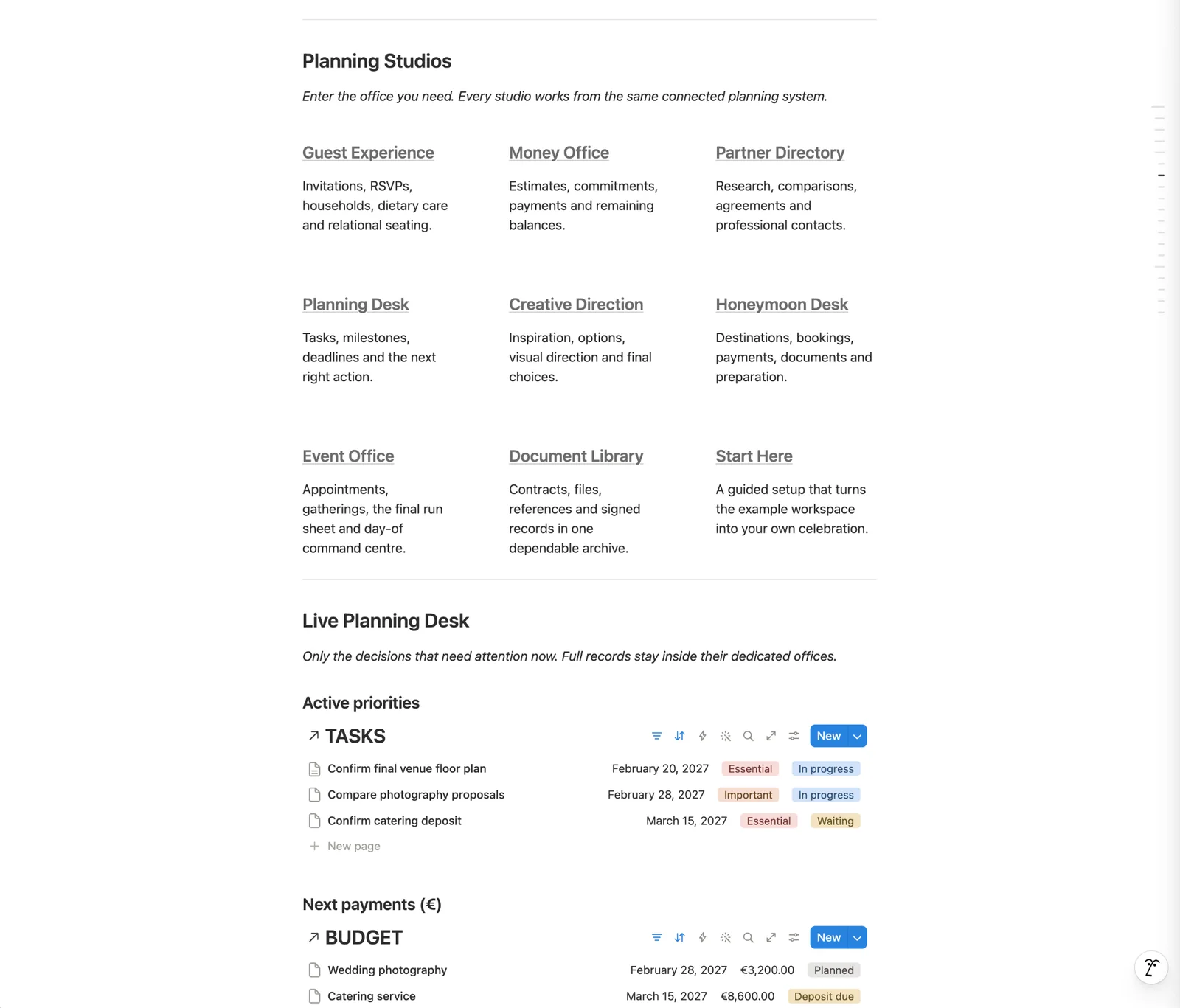 The Wedding Office in Notion showing Planning Studios, active priorities and upcoming payments.