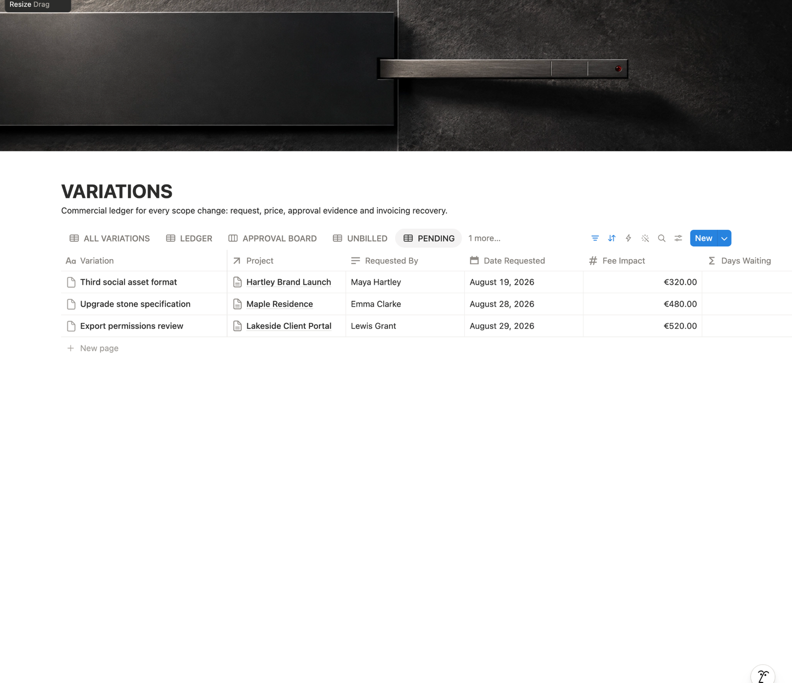 Notion variations view showing client scope changes pending approval with project, requester, request date and fee impact.