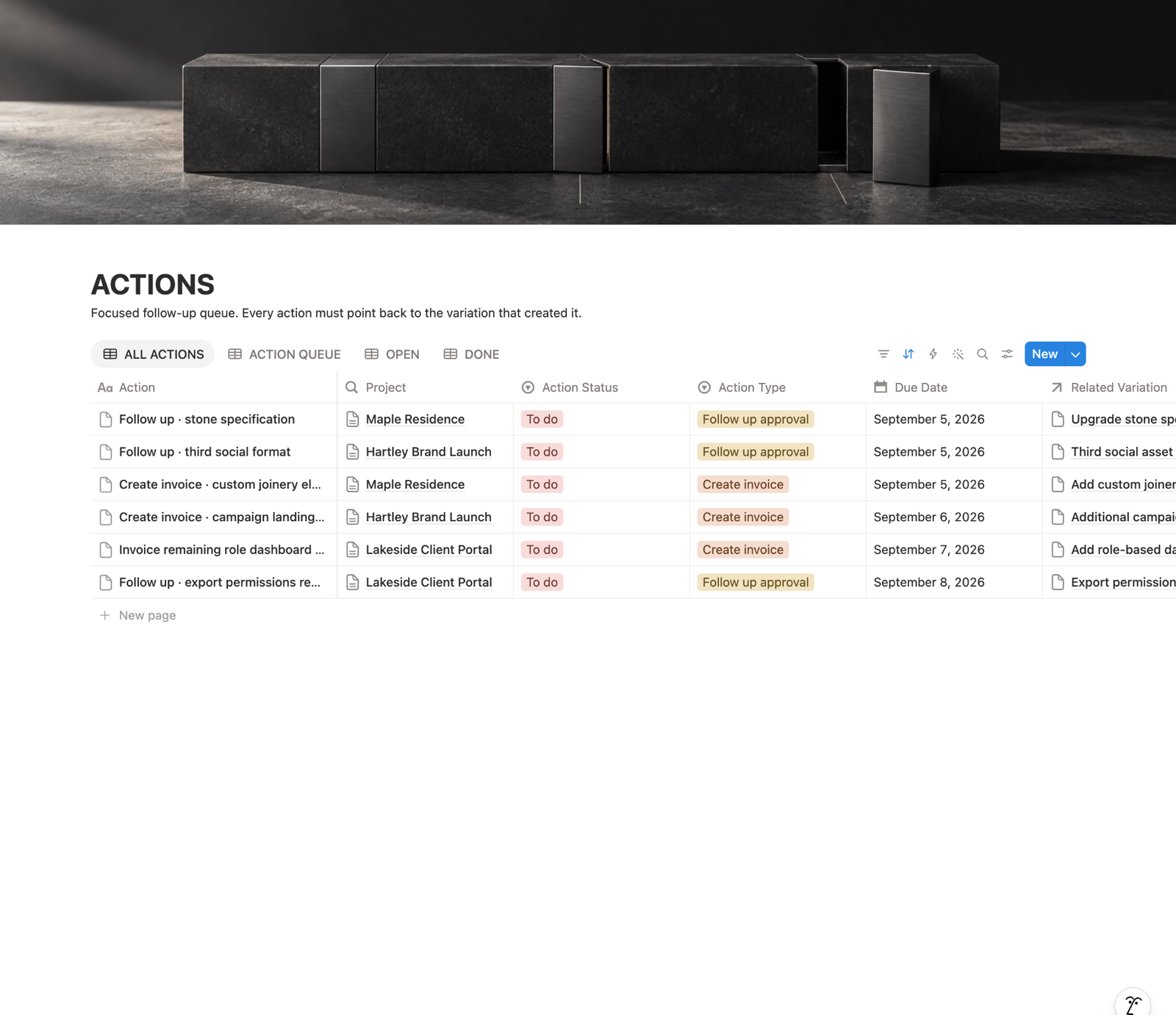 Notion actions table showing follow-up and invoicing tasks connected to the scope variations that created them.