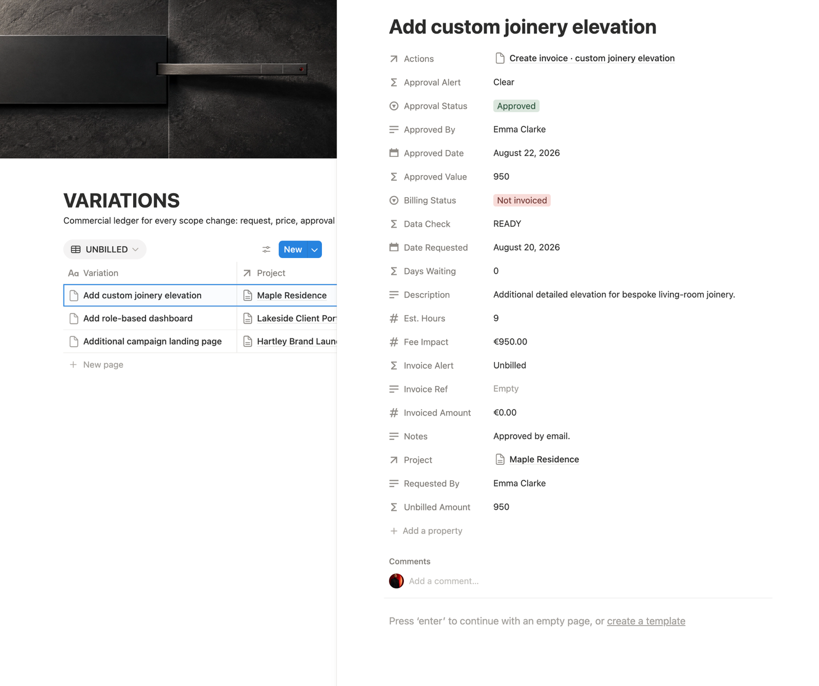 Notion scope change record showing approval status, fee impact, billing status and the action created after approval.