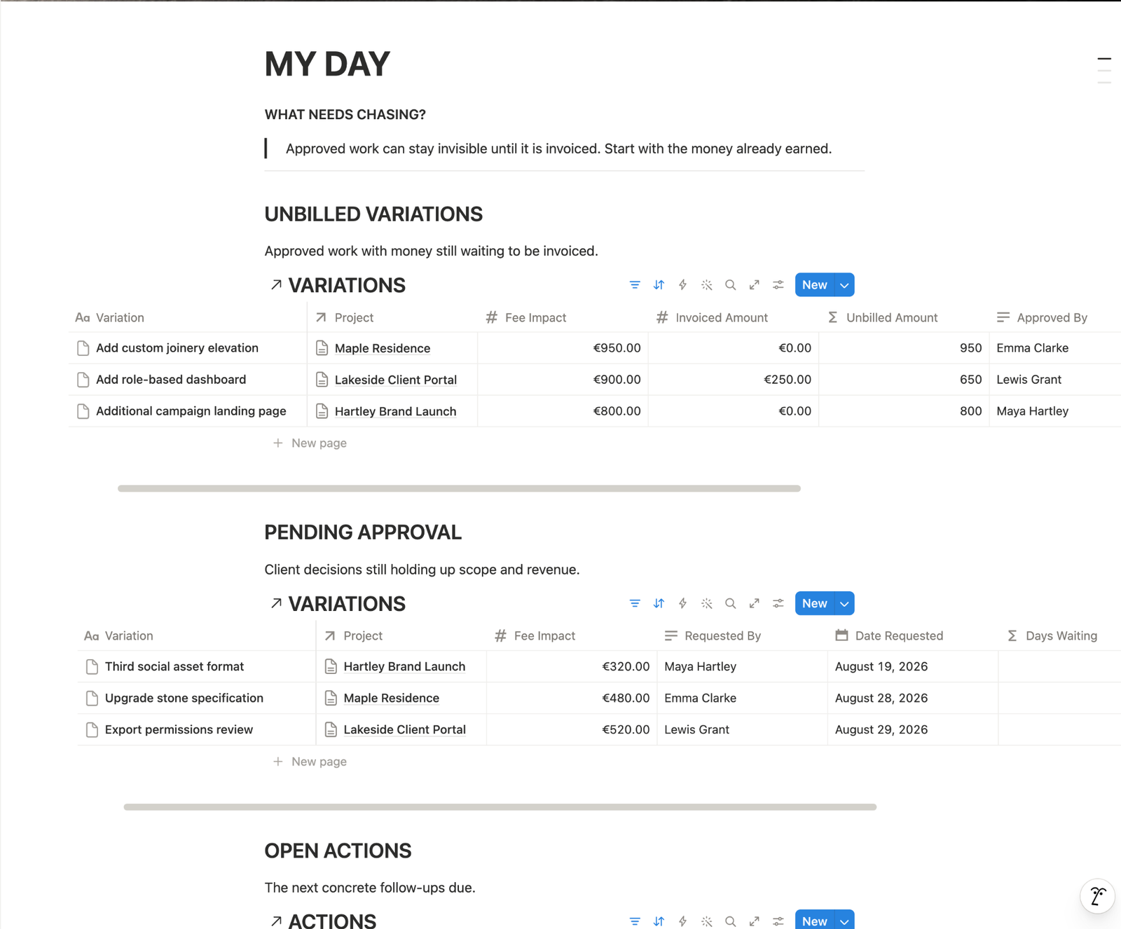 Notion scope change system showing unbilled variations and client changes pending approval.