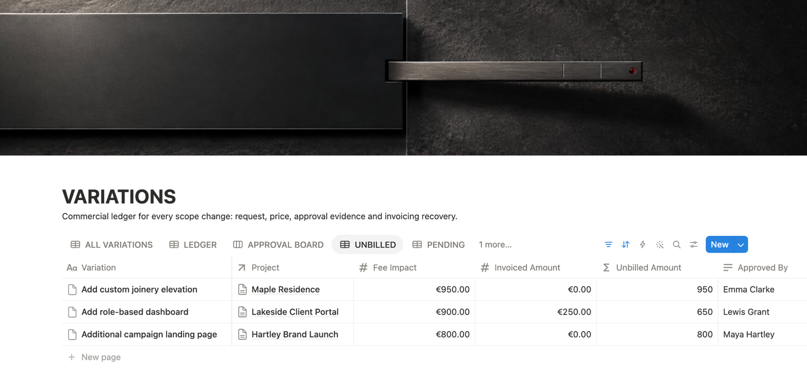 Notion variations ledger showing scope changes by project with fee impact, invoiced amount and unbilled value.